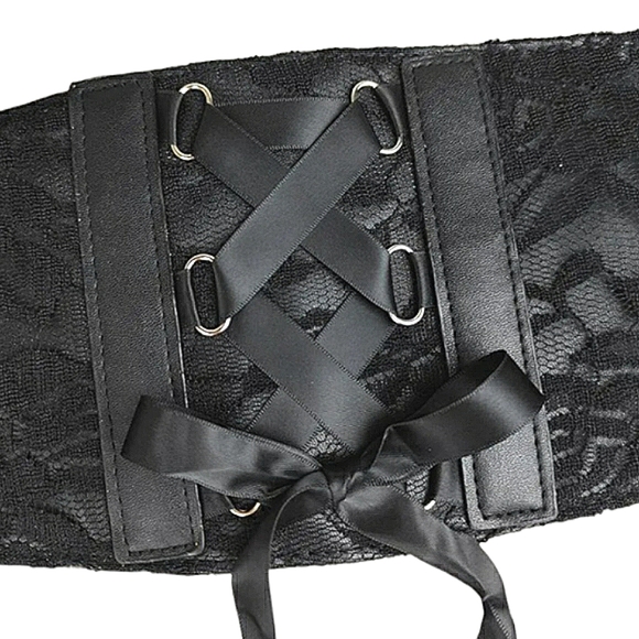 ASOS Black Floral Lace Satin Ribbon Button Closure Corset Wide Waist Belt 33" - Picture 11 of 16